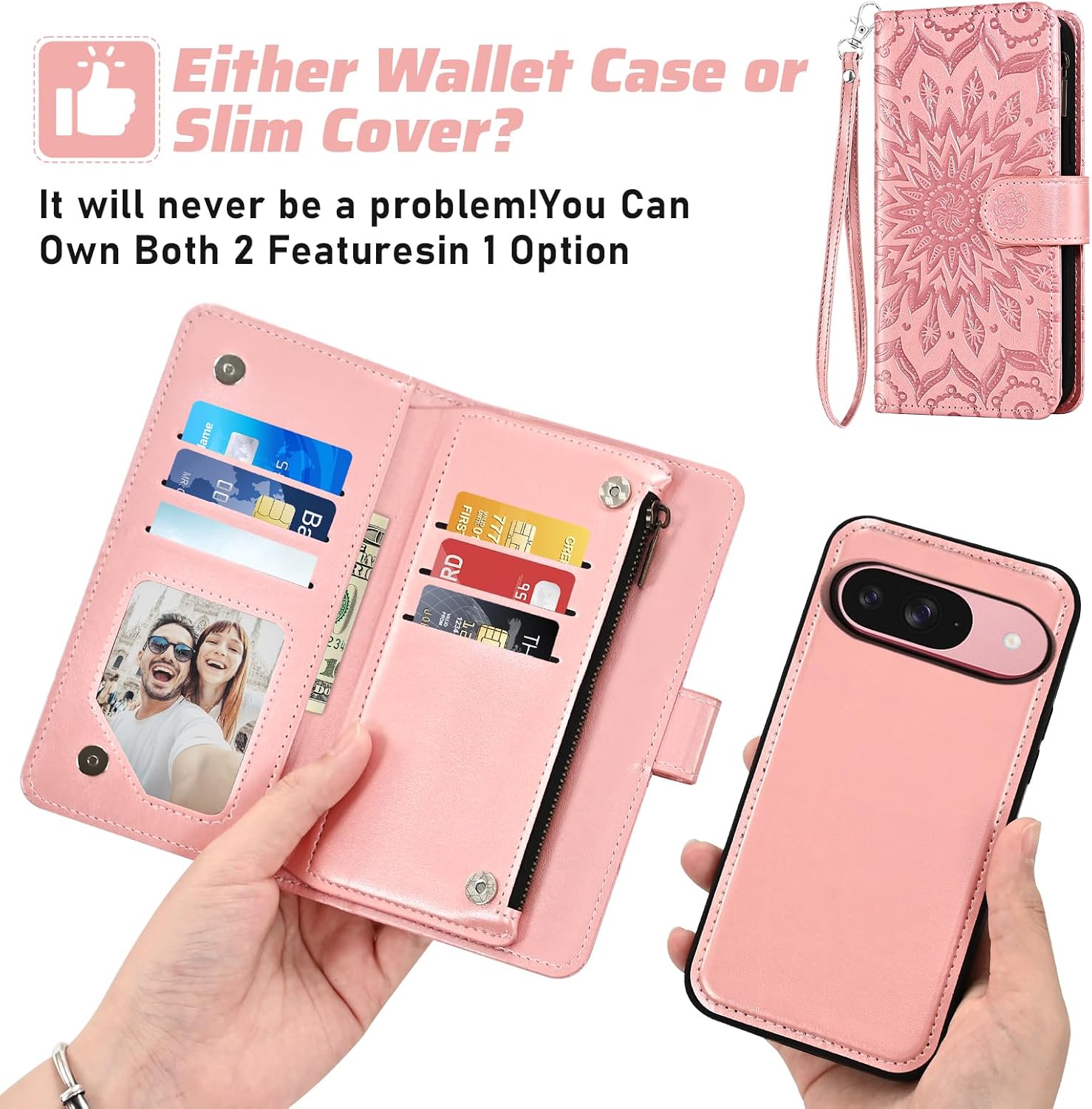 Asuwish Phone Case for Google Pixel 9/9 Pro 5G Zipper Wallet Magnetic Detachable Cover with Screen Protector Crossbody Lanyard Strap Flower Flip Card Holder Slot Pixel9 9Pro Nine Women Men Rose Gold