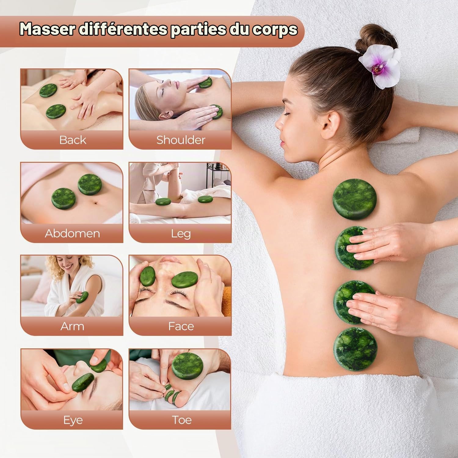 Lot de 10 pierres de massage à l'olivine - Pierres chaudes en pierre volcanique pour spa, massothérapie et relaxation profonde
