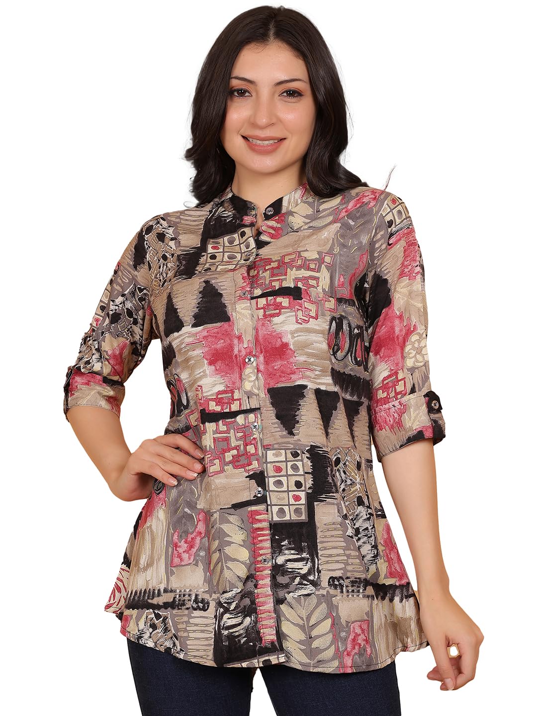 fims - fashion is my style Rayon Abstract Printed Short Kurti for Women, Tunics Tops, Ethnic Wear for Office, Mandarin Collar V Neck, Roll-Up Sleeves, Summer Wear, Ideal Gift for Girls-picture-28