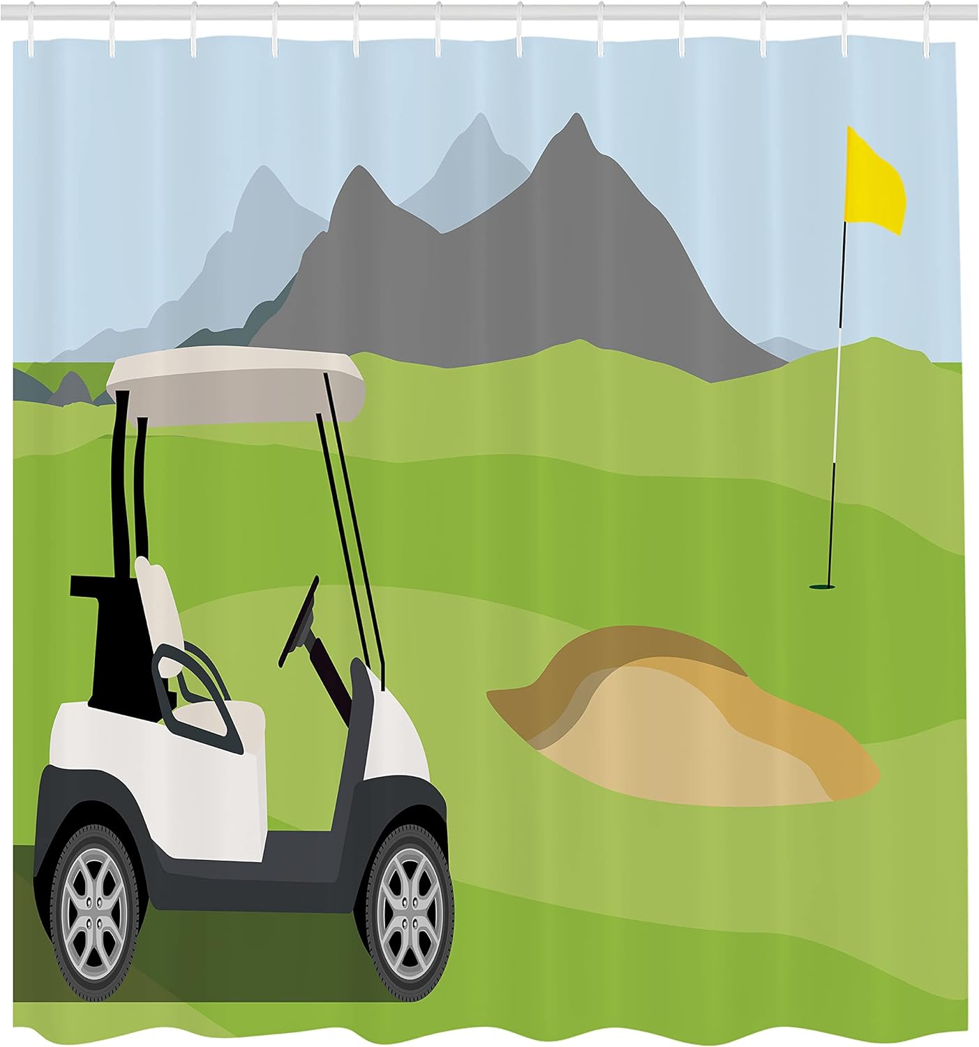 Ambesonne Golf Course Scene Shower Curtain, Cartoonish Golf Club Themed Mountains Little Car and Flag, Cloth Fabric Bathroom Decor Set with Hooks, 69" W x 75" L, Lime Green Multicolor