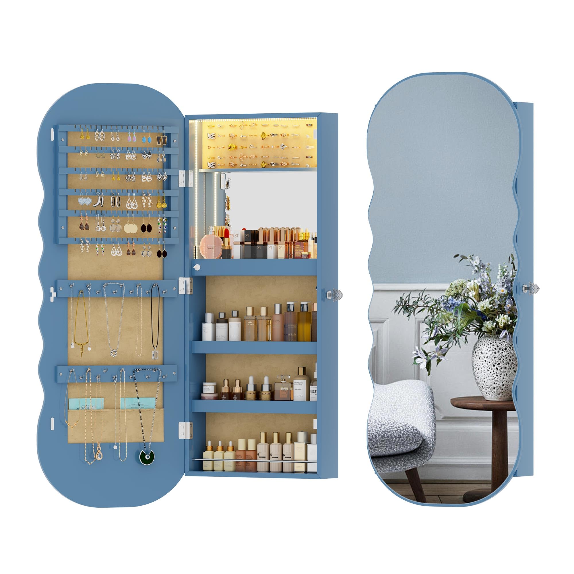HNEBC LED Mirror Jewelry Cabinet,Wall or Door Mounted Jewelry Armoire Organizer with Lights,Lockable Wide Wavy Mirror with Storage,42.5