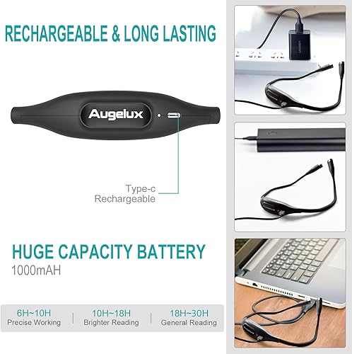 Miniatura 3 de Luz LED de lectura para el cuello, luz de libro para leer en la cama, 3 brillo, manos libres, USB-C recargable, ligera, luz flexible para el cuello