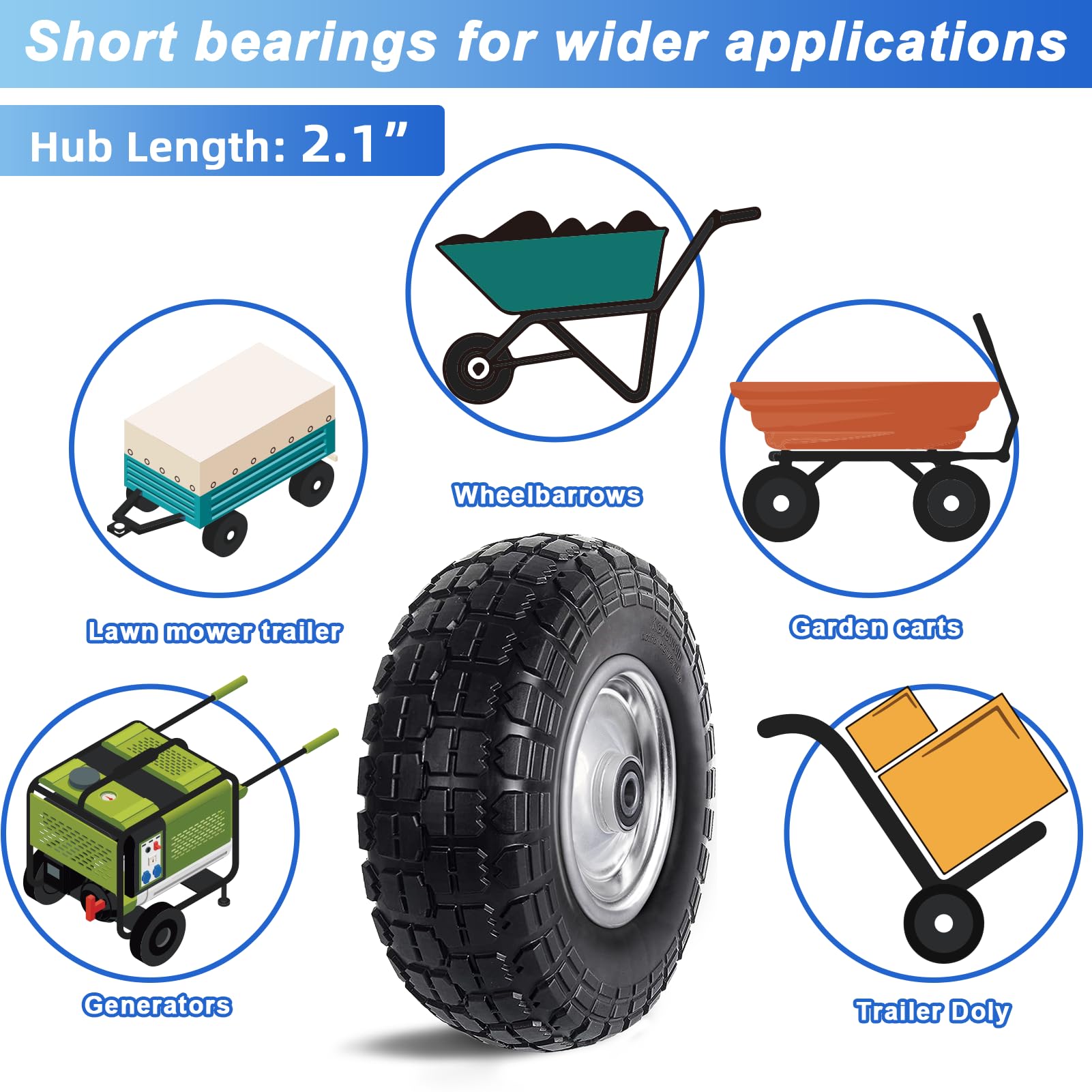 12'' Flat Free Tires Rubber Replacement Solid Tire and Wheel Assemblies for Hand Trucks Garden Cart Wheelbarrow - 3.5”Wide Polyurethane Tires 2.1 Hub with 5/8 Inch Axle Borehole Silver — Amazon image 4