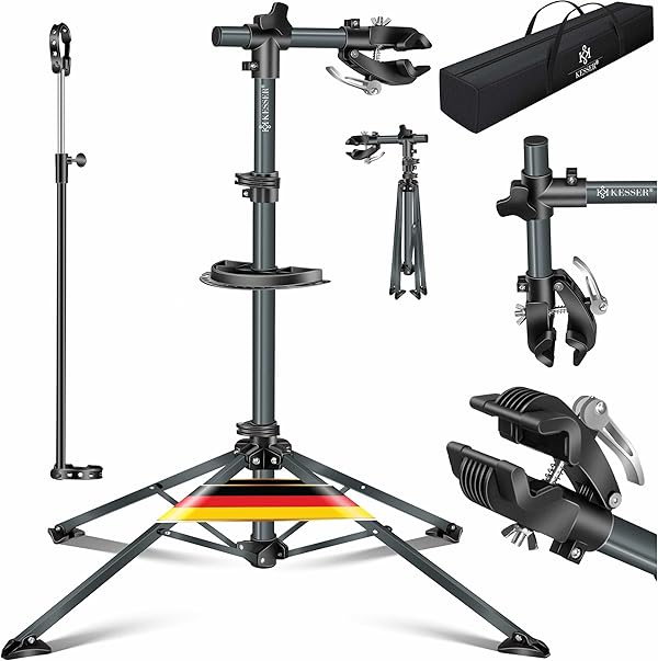KESSER® Fahrradmontageständer Profi Reparaturständer Fahrradständer + Tasche Fahrradreparaturständer bis 30 kg Fahrrad Montageständer inkl. Werkzeugschale + Magnetfach, drehbar