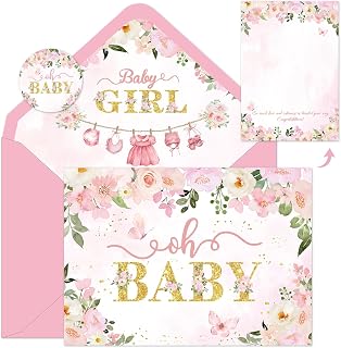 Pink Floral Baby Shower Card for Girl Welcome Baby Girl Gift Card with Envelope and Sticker, Double-sized New Baby Greeting Card for New Parents Newborn Birthday Gender Reveal Party Gifts, 5 x 7 Inch