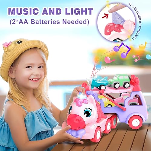 Miniatura 3 de Juguetes para niñas de 3 años, camión transportador de unicornio 5 en 1 con luces y sonidos, juguetes para niñas pequeñas de 3 a 5 años, regalos de