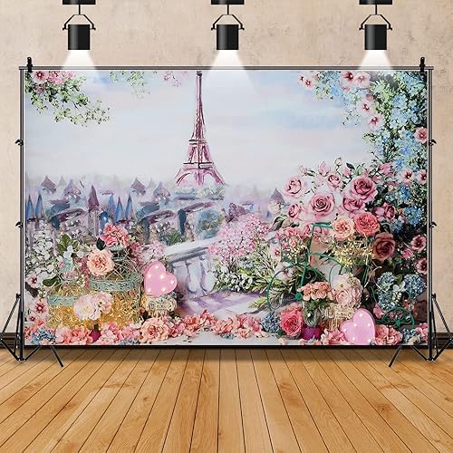 Miniatura 2 de OERJU Telón de fondo de torre Eiffel de 10 x 7 pies para fotografía, flores rosadas, paisaje de París, decoración de boda, aniversario, fiesta,