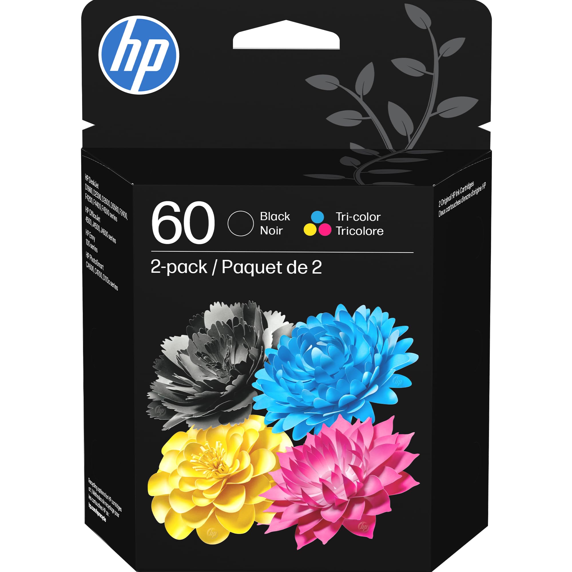 60 Black/Tri-Color Ink Cartridges (2-pk) | DeskJet D1660, D2500, D2600, D5560, F2400, F4200, F4400, F4580; Envy 100; OfficeJet J4500, J4680, 4500; PhotoSmart C4600, C4700, D110a | N9H63FN
