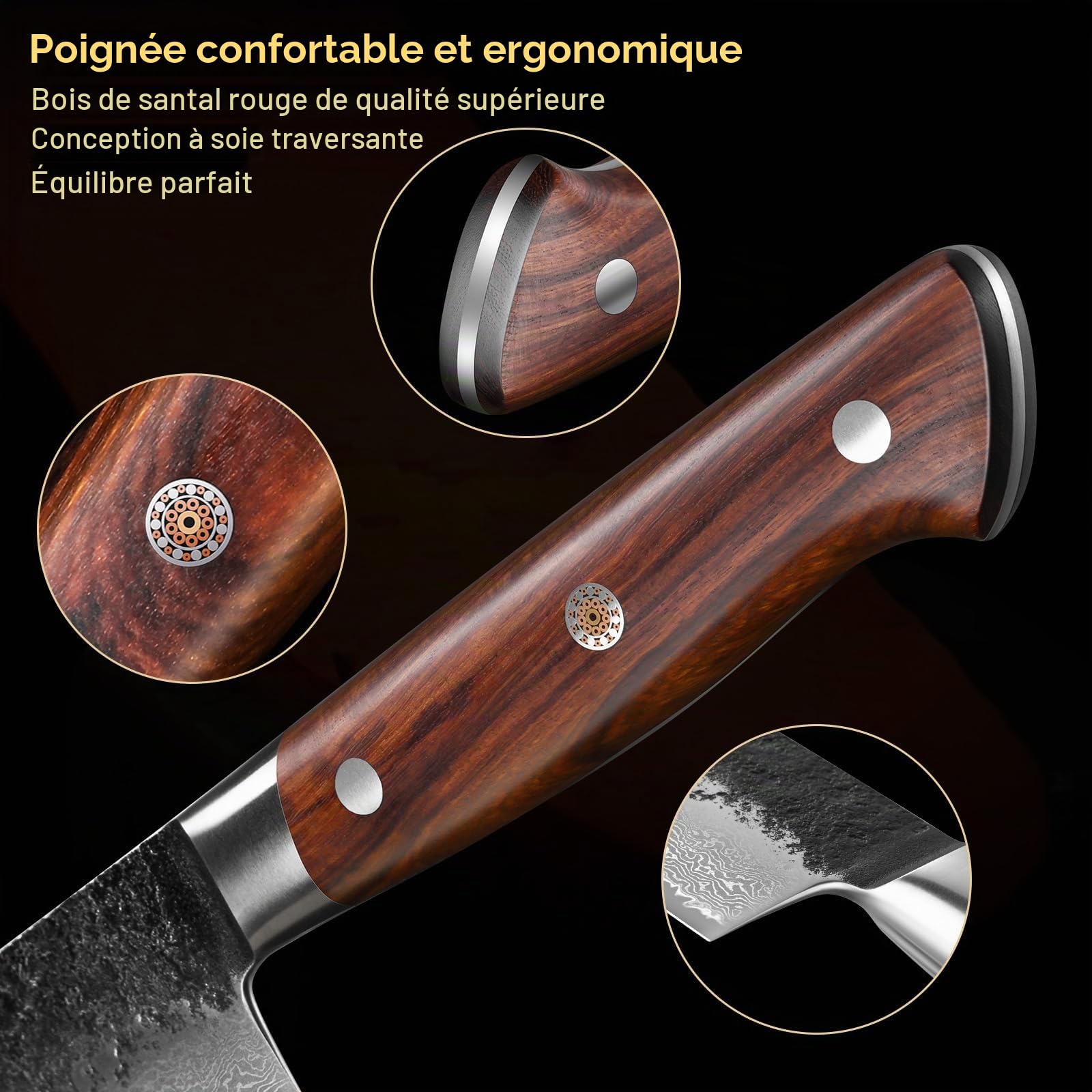 kanngou Couteau de cuisine en acier Damas 21 cm Gyuto, couteau de chef japonais extrêmement tranchant en acier VG-10 avec manche ergonomique en bois de Pakka, design Full-Tang robuste et boîte cadeau