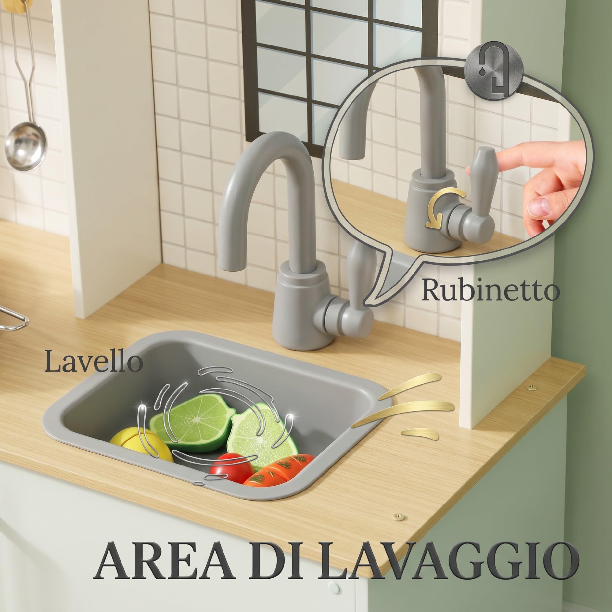AIYAPLAY Cucina Giocattolo per Bambini 3+ Anni 72x33x85.2 cm Bianco Blu | Armadietti e Fornelli, in Acciaio Inox, Legno e PP