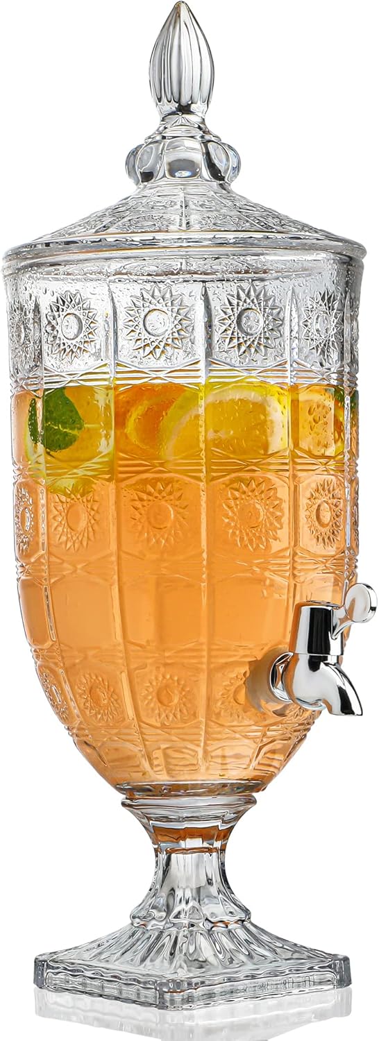 1.3 Gallon Glass Drink Dispensers For Parties Glass Beverage Dispenser with Spigot for Party Bar Wedding Crystal Collection Dispenser Decor Wide Mouth with Lid Iced Beverage Dispensers
