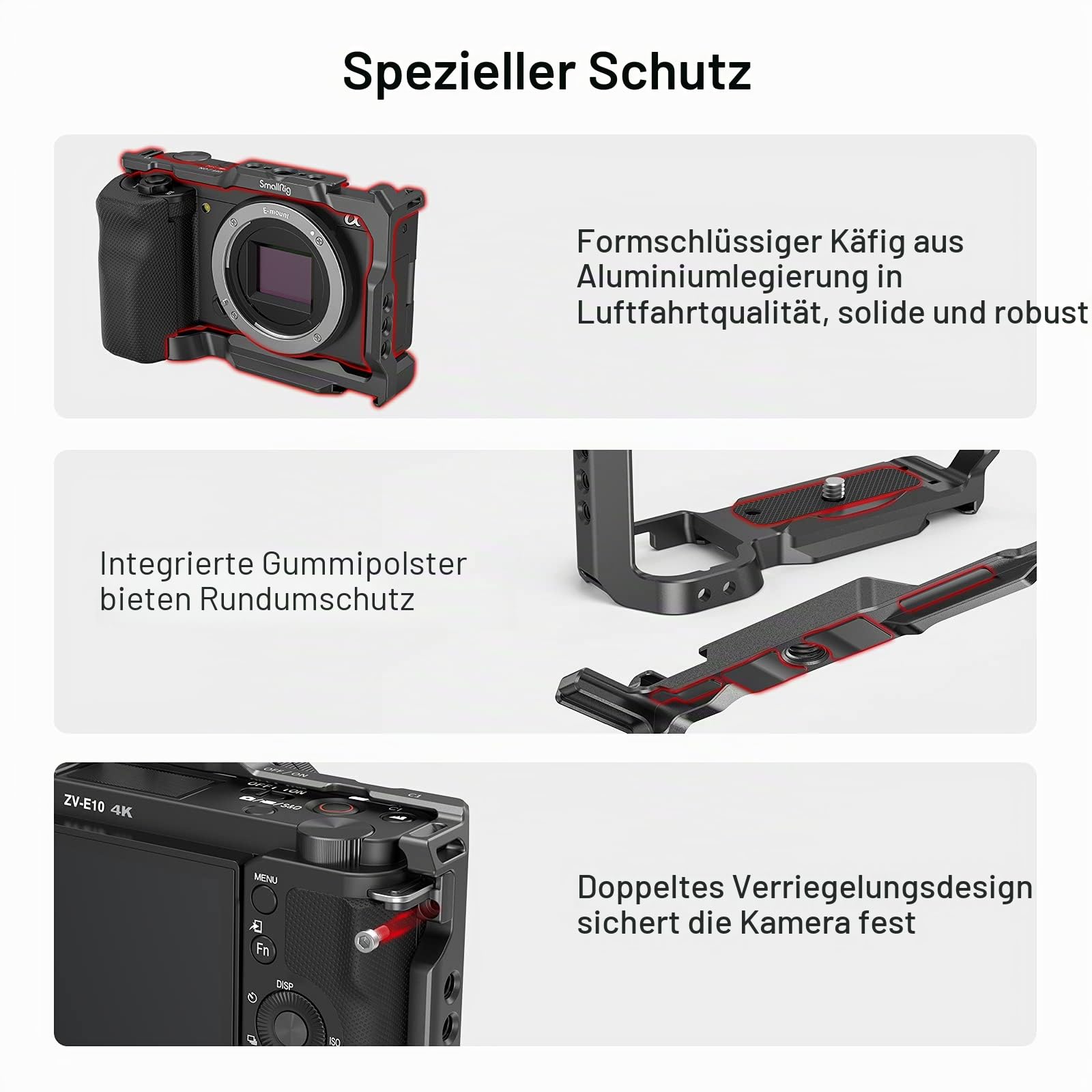 SMALLRIG ZV-E10 Käfig mit Griff und integrierter Schnellwechselplatte für AR-ca Swiss, Cage mit Grip für Sony ZV-E10-3538B