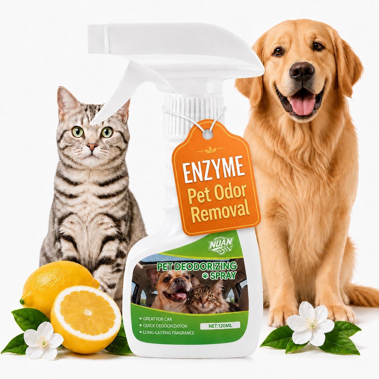 NUAN Pet Odor Eliminator Spray, Enzyme Urine Odor Eliminator for Dog & Cat - Pee, Poop & Vomit Odor Removal, Long-Lasting & Fresh Scent for Home, Carpet, Sofa, Pet Beds, Furniture and Car