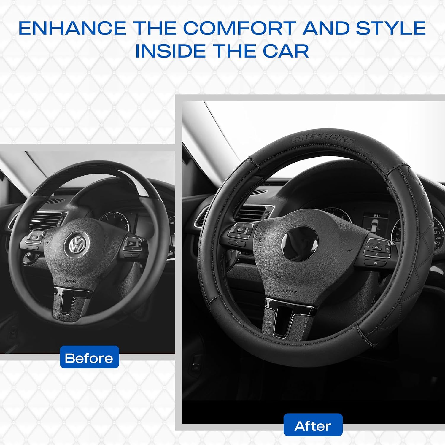 Skechers Steering Wheel Cover Contour Foam Cozy Fit, Leather Steering Wheel Covers,Universal Anti-Slip Fit 14" 1/2-15" Car Wheel Cover for Car Decor Gifts Fit Suvs,Vans,Sedans,Car,Trucks,Black