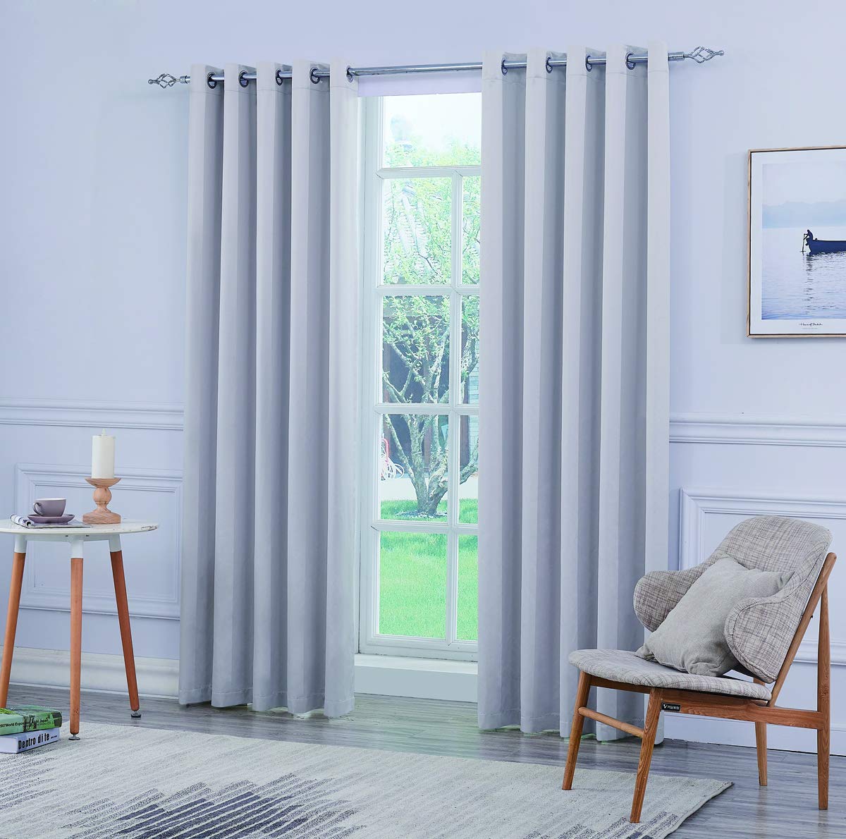 Ultra Soft Satin Sliver Grey Eyelet Curtain Window Treatment Drapes 2 panels for Bedroom, Livingroom, Kids Nursery Room W66 x L54 inch — view 2