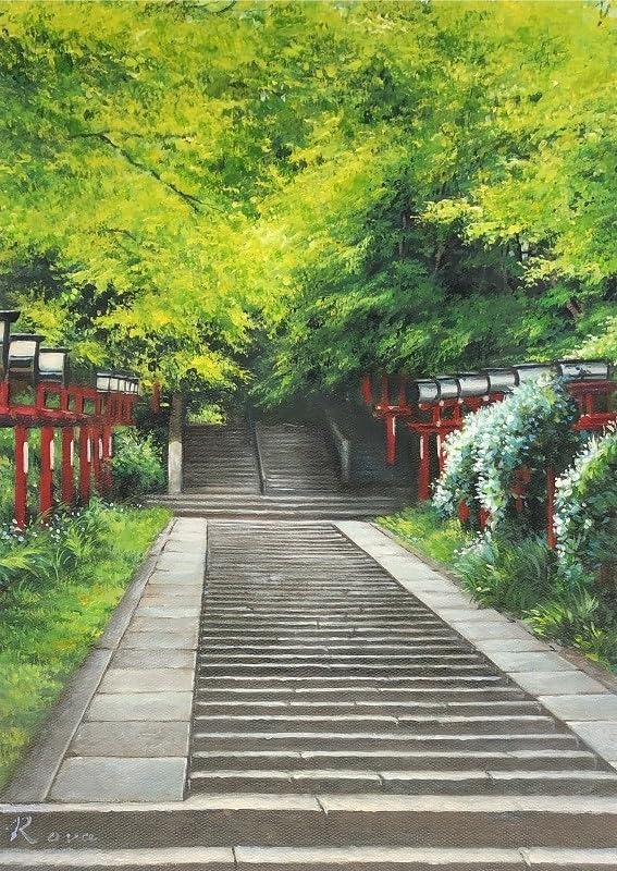 絵画　京都石段　油絵　肉筆画 絵画京都石段油絵肉筆画