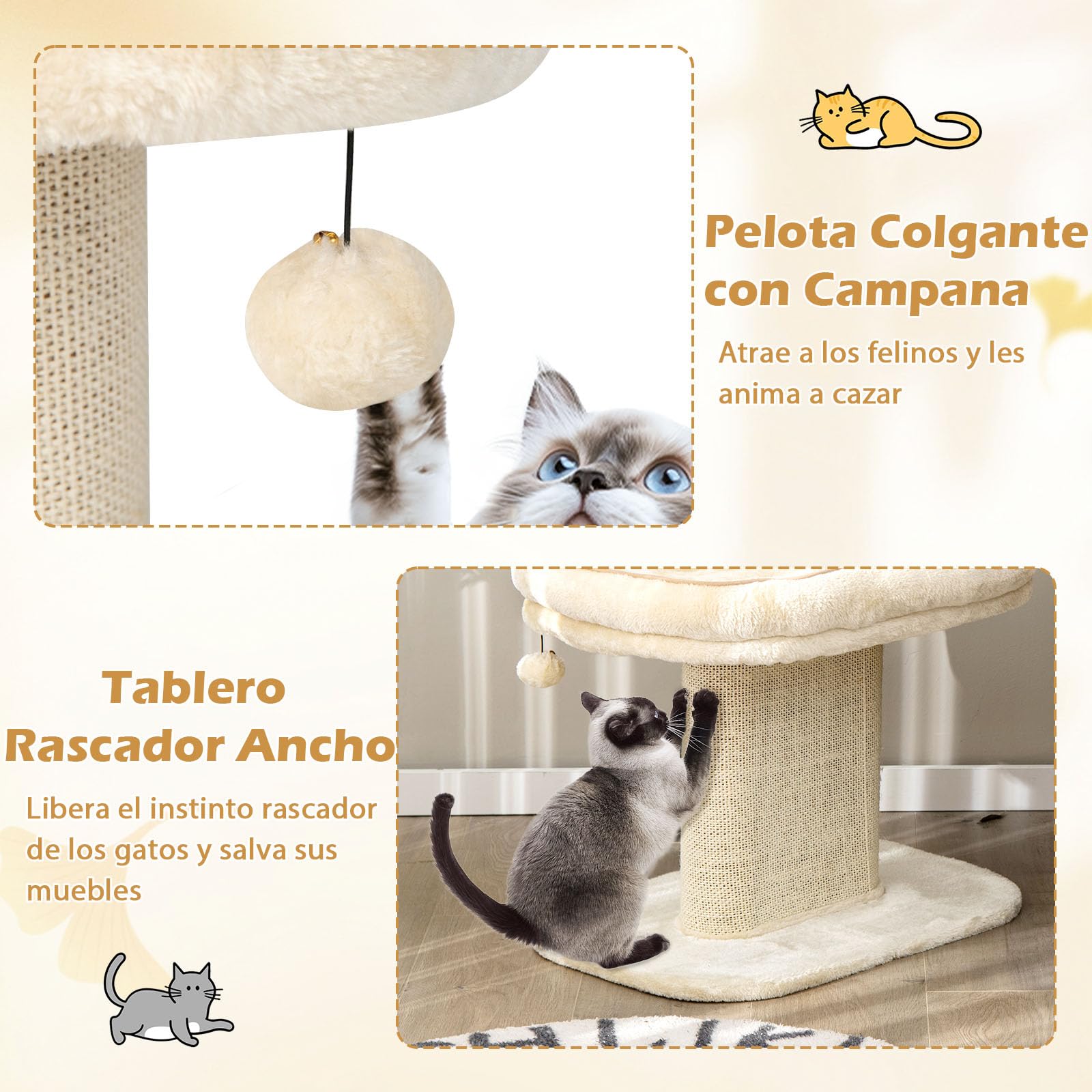 GYMAX Árbol Rascador de 50 cm de Alto para Gatos, Árbol de Escalada con Asiento de Felpa Suave, con Columna de Sisal y Pelota, Árbol de Actividad y Árbol de Juegos, para Pequeño Gato, Beige