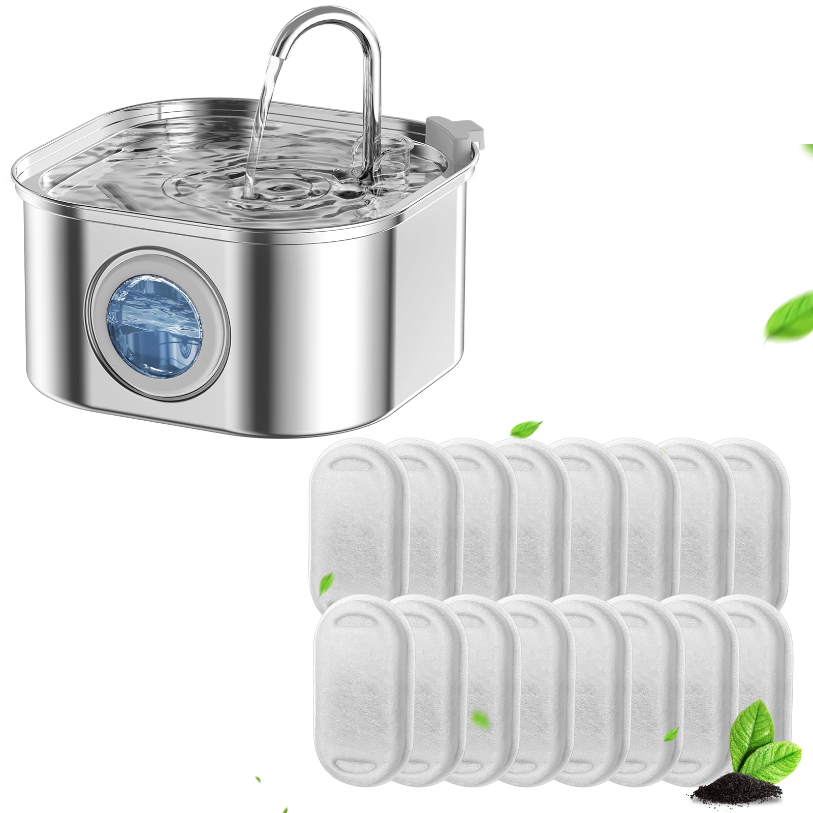Cat Water Fountain, 3.2L/108oz Stainless Steel Pet Water Fountain & 16 Pack Cat Water Fountain Filter