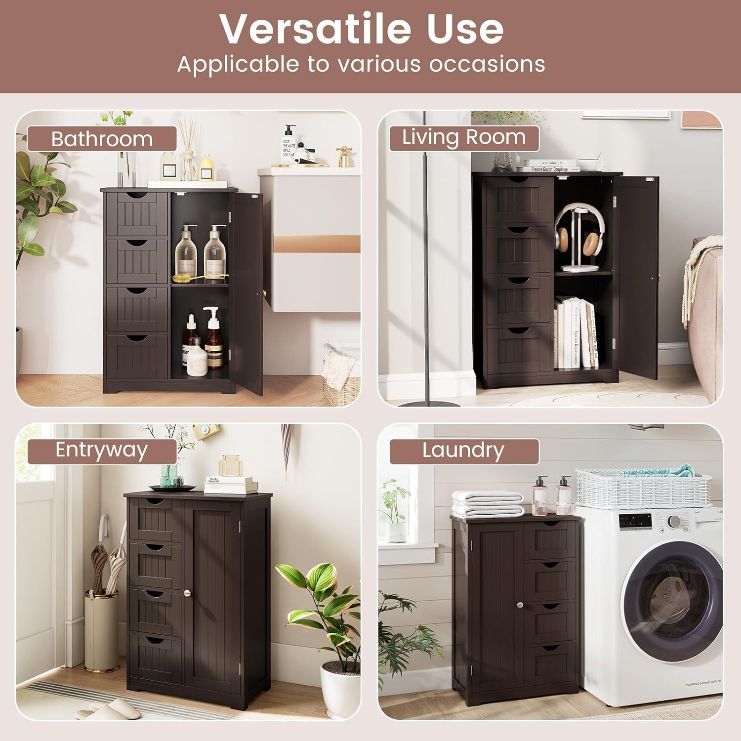 DORTALA Bathroom Floor Cabinet, Side Storage Organizer w/ 4 Drawers, Wooden Storage Cabinet w/Adjustable Shelf in 3 Positions for Bathroom, Dark Brown