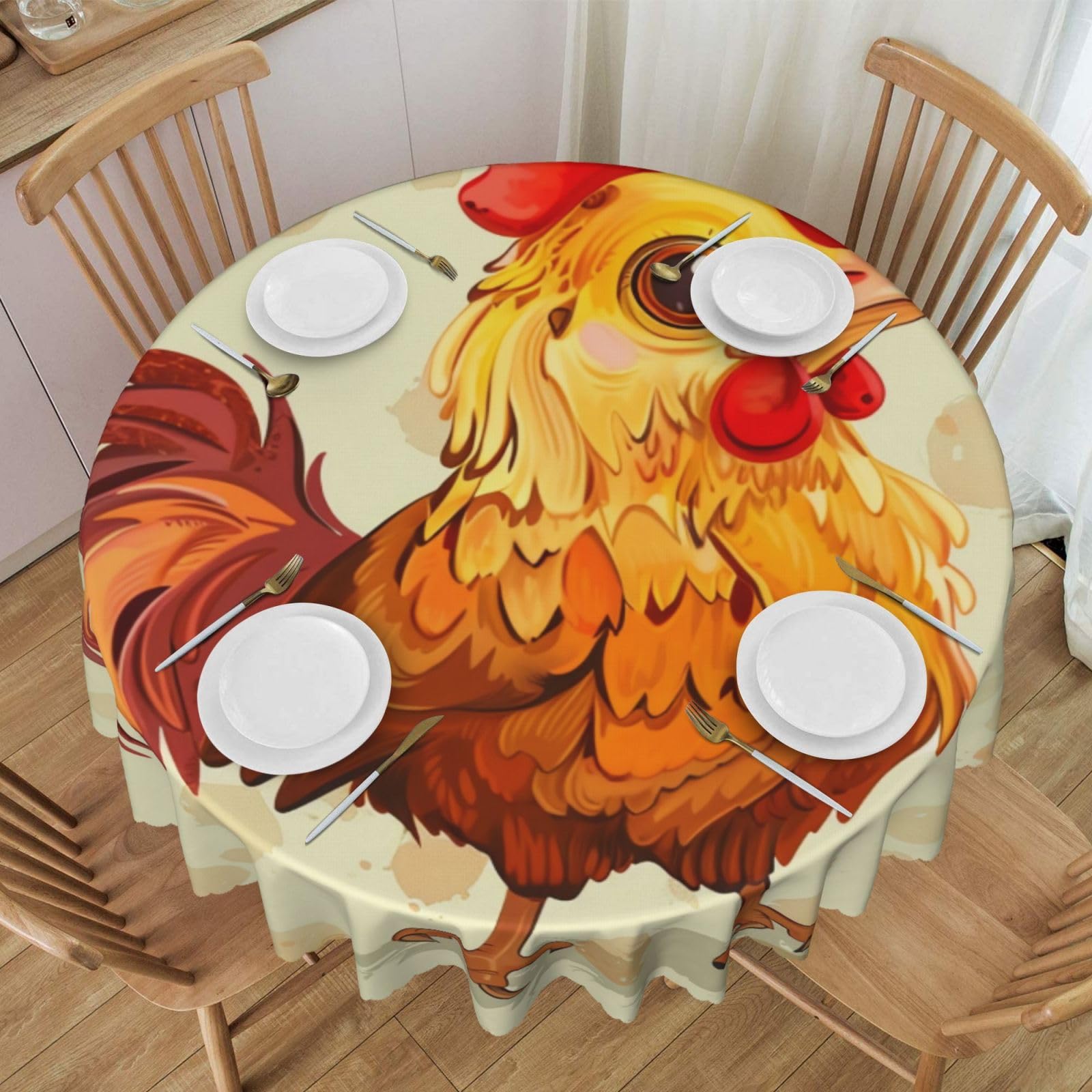 Nappe ronde imprimée poule et poussin Ø 152 cm imperméable avec dentelle