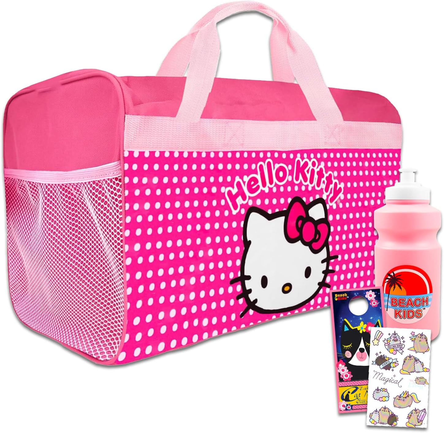 Hello Kitty Duffle Bag Set for Kids - 4 Pc Bundle with Luggage Carry On Suitcase Bag, Water Bottle, Stickers, and More | Hello Kitty Travel Bag Set