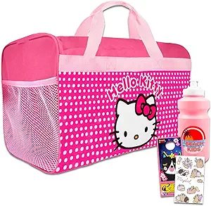 Hello Kitty Duffle Bag Set for Kids - 4 Pc Bundle with Hello Kitty Luggage Carry On Suitcase Bag, Water Bottle, Stickers, and More | Hello Kitty Travel Bag Set