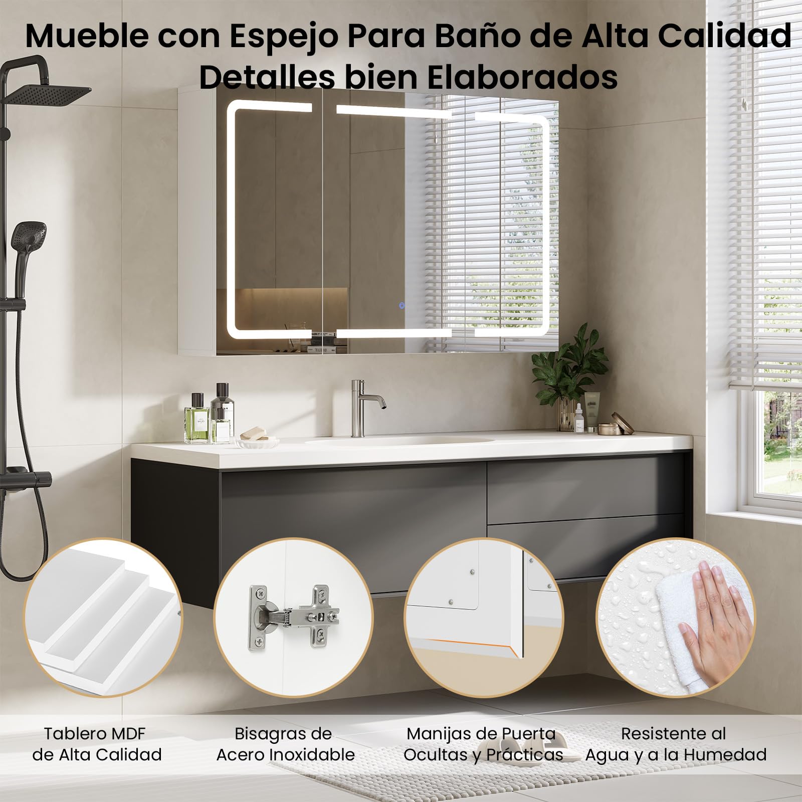 DICTAC Armario con Espejo,iluminación LED y Enchufe Armario Baño de Pared con 3 Puertas Espejo,Mueble Baño de Pared con Espejo y Estantes Ajustable,Mucho Espacio de Almacenamiento,90x60x16cm, Blanco