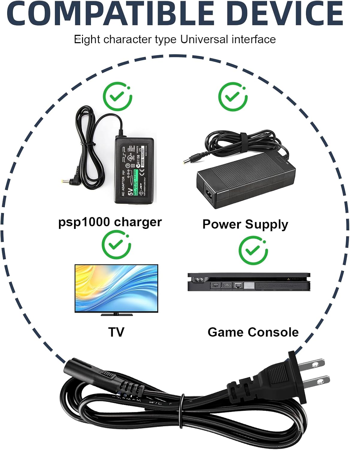 PSP Charger AC Adapter Power Cord 5V Replacement Compatible with Sony PSP 1000 PSP Slim & Lite 2000 3000 PSP-110 PSP-1001 Series PSP-1001, 2001,PlayStation 3001 E-1000 L-Shape