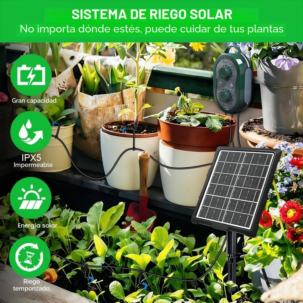 Riego Solar, Riego Automatico Macetas, Sistema De Riego Solar Para Jardín, Sistema De Con 132 Modos De Temporizador Y Manguera De 15 M, Para Jardín, Balcón Y Plantas En Maceta Al Aire Libre