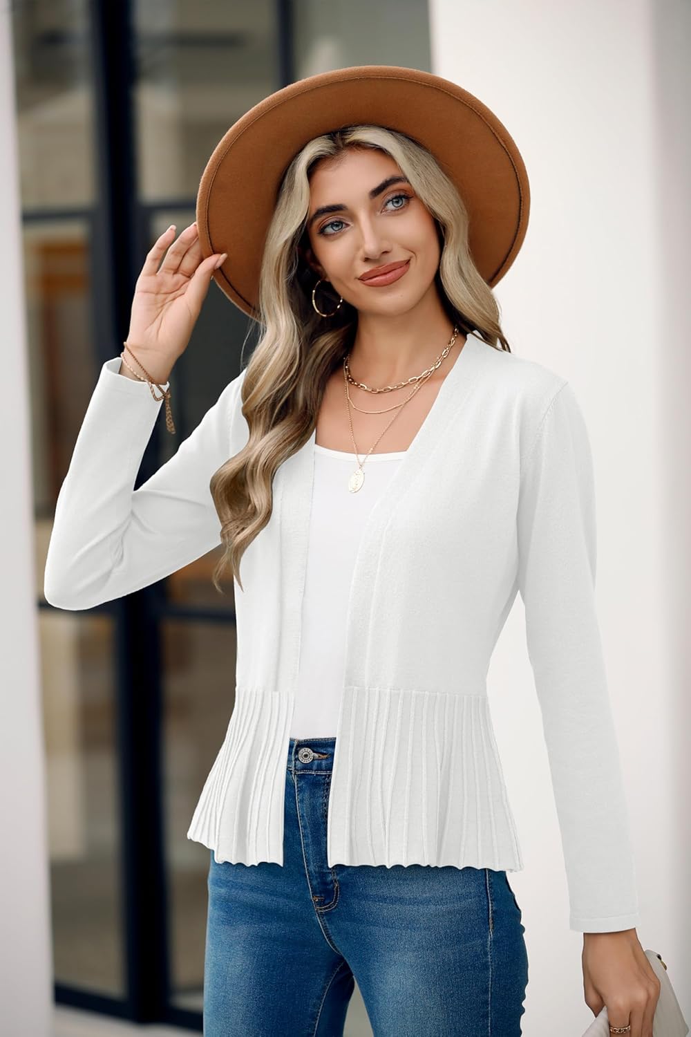 Bettysays Women's Casual Open Front Lightweight Cropped Cardigans Long Sleeve Sweater Soft Draped Peplum Knit Outwear - Image 5