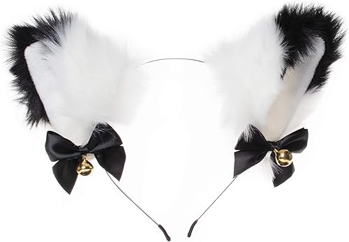 Miniatura 7 de Juego disfraz anime de sirvienta francesa con set de medias y orejas de gato peludas, disfraz elegante de lolita para cosplay, Negro-blanco, M