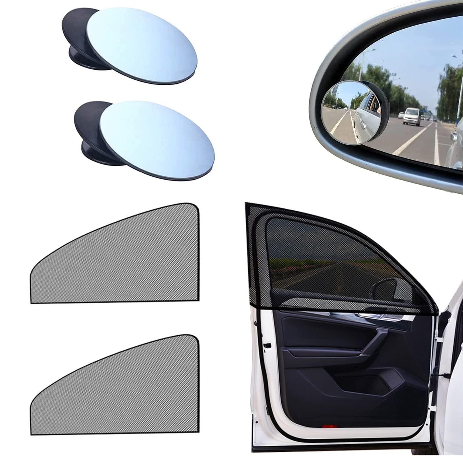 2-Pack Car Side Window Sun Shades With 2 Blind Spot Mirrors - Blocks UV, Provides Privacy, Stretch Mesh For Camping-741927
