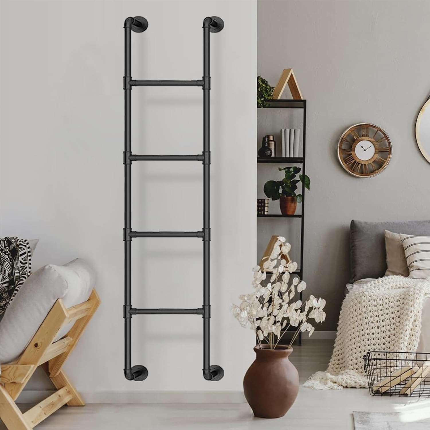 Wall Mounted Metal Ladder for Home Loft Straight Ladders，Black Wrought Iron Entrance Egress Ladder Multi-Function Easy Installation Heavy Duty Bunk Bed Ladder(100cm/39in)