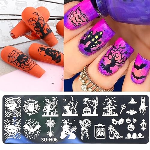 Miniatura 3 de Placa de estampado de uñas de Halloween, 6 placas de uñas + 1 sello de uñas + 1 raspador de uñas de terror para Halloween, kit de sello de uñas de
