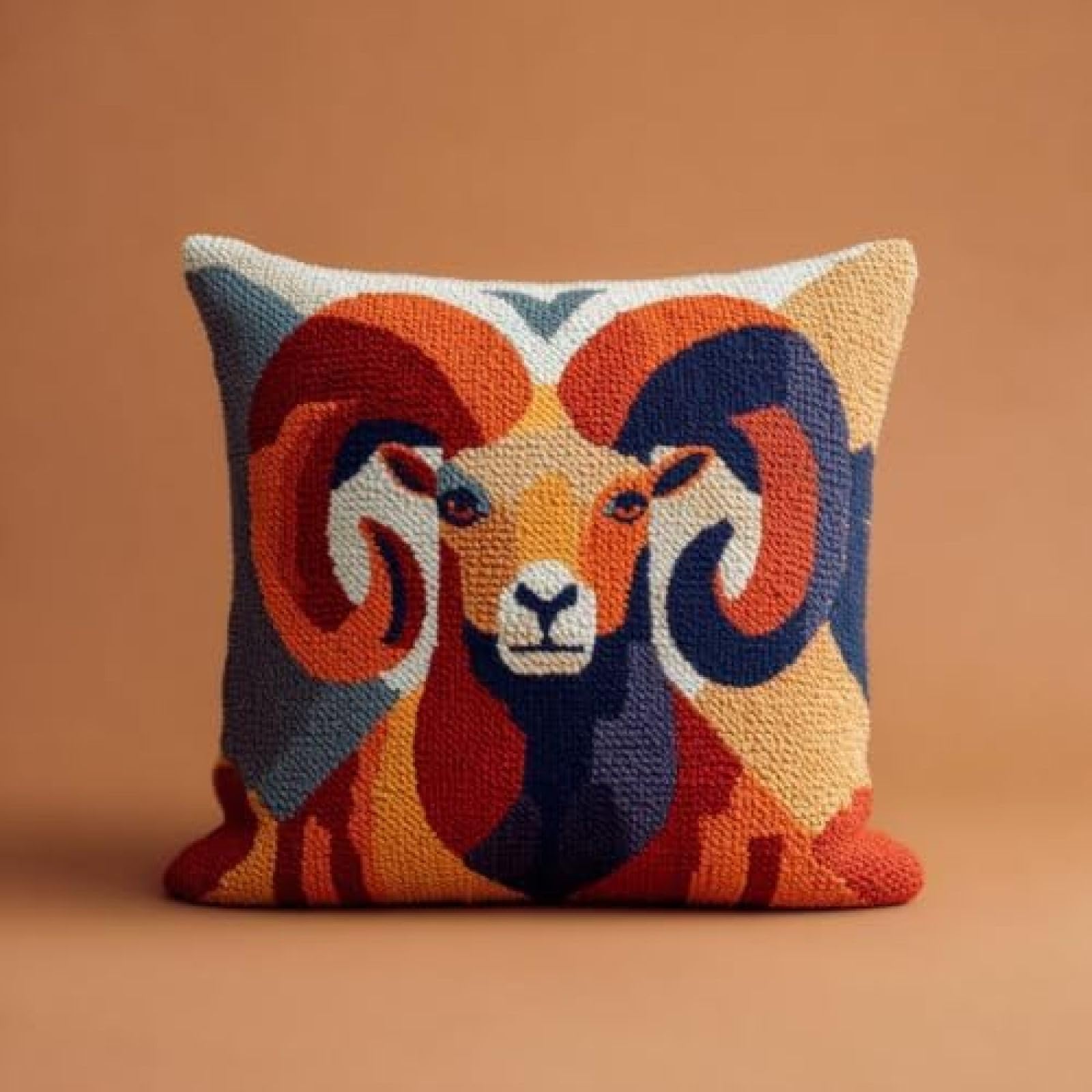 kitphoenix Adults DIY Cushion Cover Craft Kit,Bighorn Sheep Terracotta Geometric Patterns,Latch Hook Embroidery Set with Pre-Printed Canvas,Pre-Cut Yarn and Hook,43x43 cm Pillow Cover