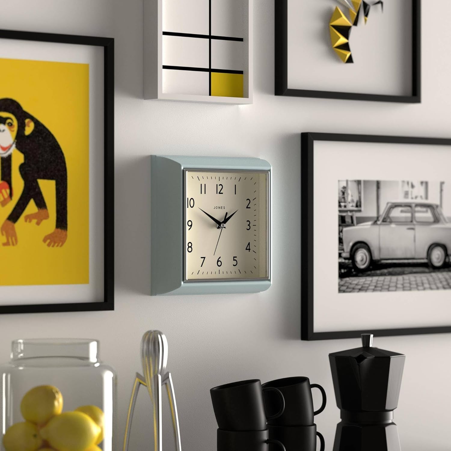 JONES CLOCKS® Mustard wall Clock | Square Retro Clock | 25cm | Pale Blue | Easy to Read Numbers | Perfect for Kitchen or Office