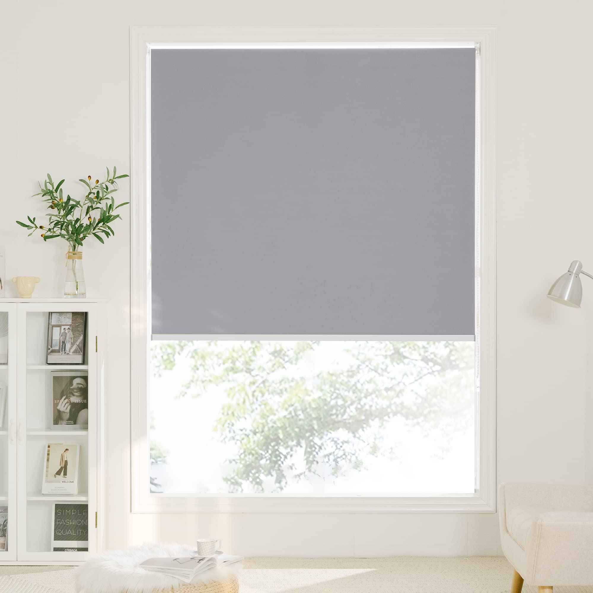 PONY DANCESilver Grey Roller Blinds 100% Blackout Kitchen Window Shades Thermal Insulated Windproof UV Protection for Office, Garage, Living Room, 59" x 72"(150 cm x 183 cm), Silver Grey