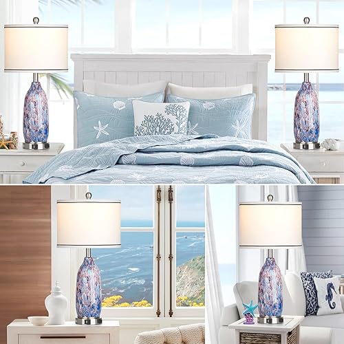 Miniatura 4 de Juego de 2 lámparas de mesa de cristal costero de 26 pulgadas, lámpara náutica con puertos USB A+C y salida de CA, lámparas de noche Bule con