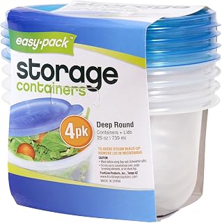 Easy Pack Deep Round Reuseable/Disposable 25-Ounce Food Storage Containers and Lids, 739ml, 4-Pack