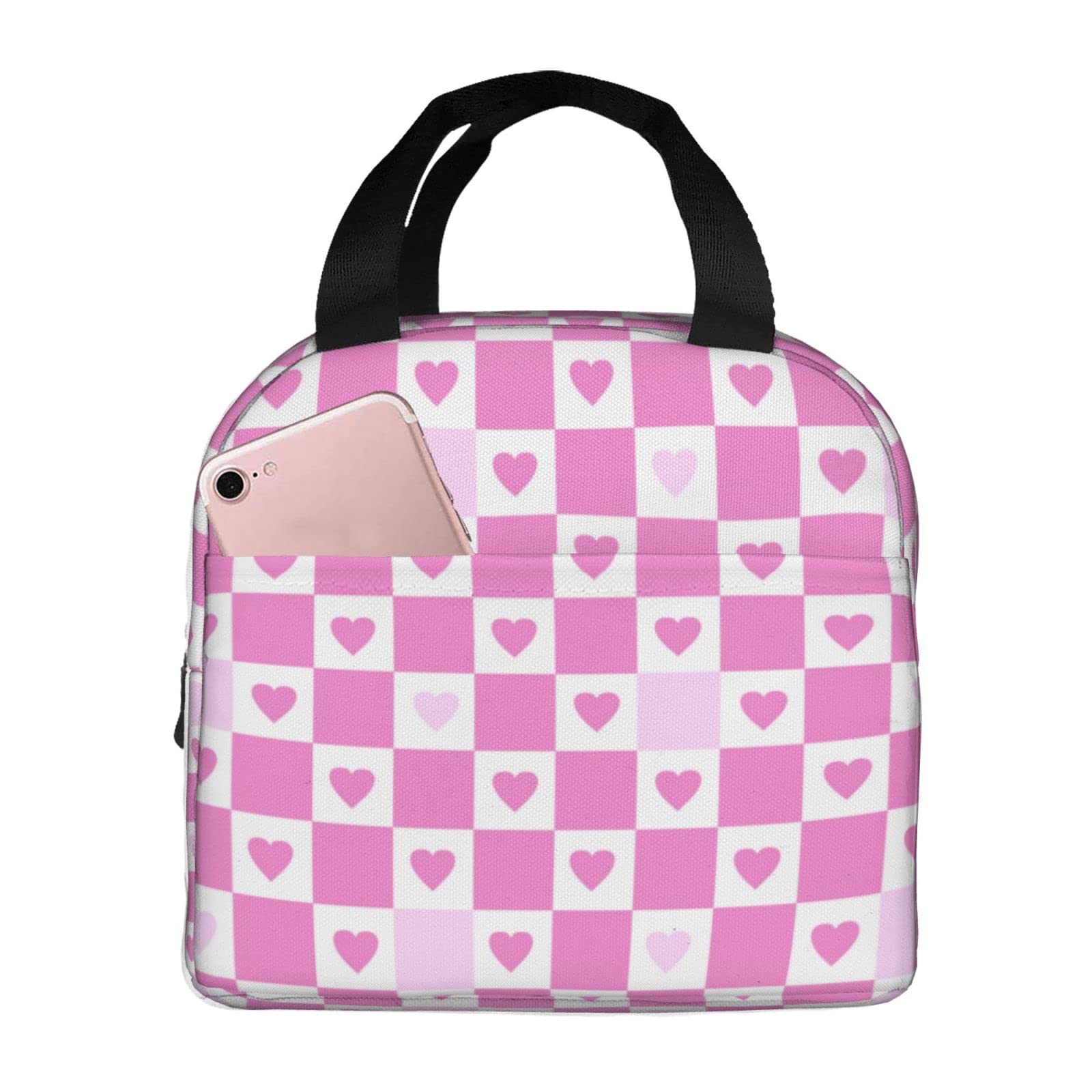 Amazon｜チェックのピンクハート 保温 保冷ランチバッグ お弁当袋  
