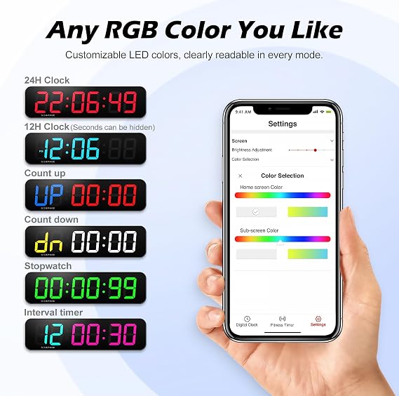 15.2 Large Digital Wall Clock with Seconds, Gym Clock Countdown Clock | App & Remote Control, Customizable RGB Colors, 10 Alarms, Stopwatch, Countdown, Count-up, Timer Clock for Home Gym Office