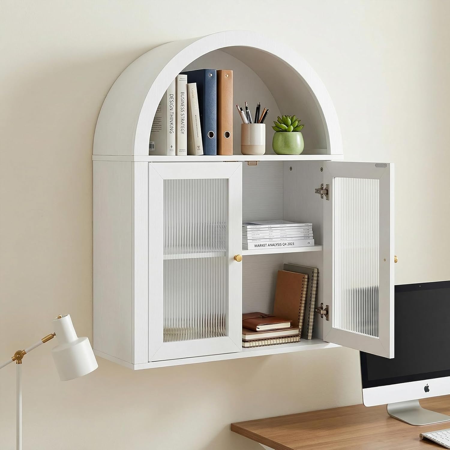 Arched Bathroom Wall Cabinet, Boho Medicine Cabinet with Tempered Glass Doors, Above Toilet Storage Cabinet, Wall Mounted Adjustable Shelf for Living Room, Restroom,White