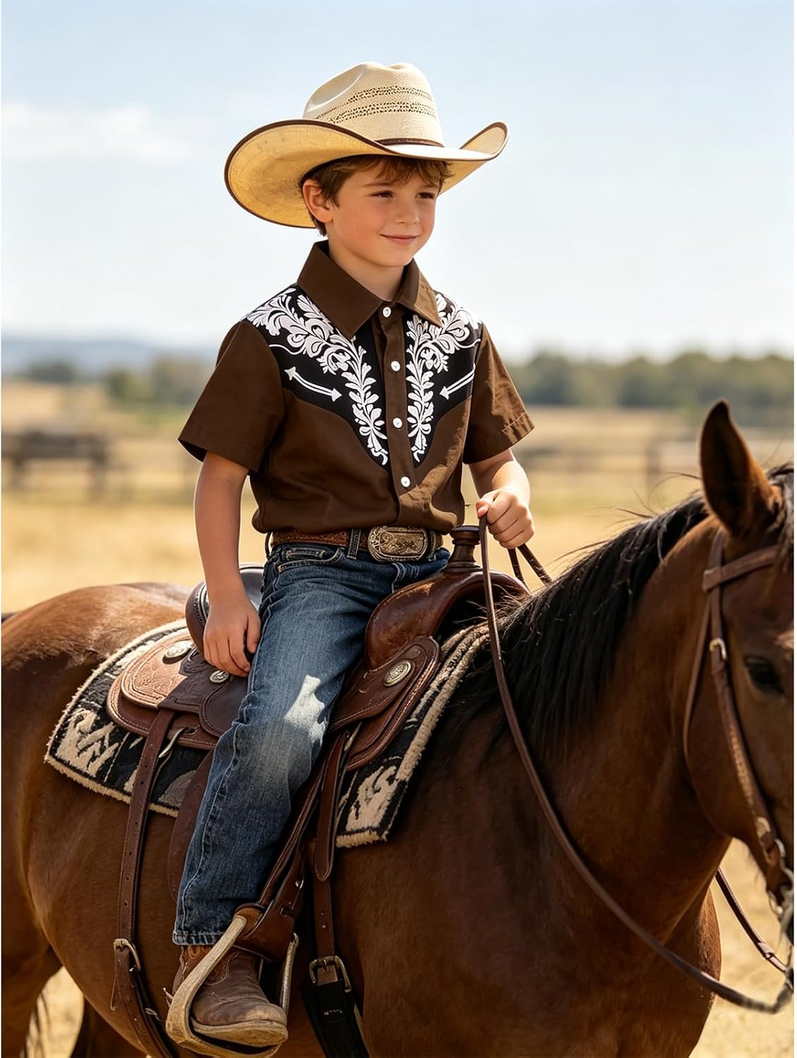 BOUTIKOME Toddler Boys Western Cowboy Shirts Button Down T-Shirt Floral Rodeo Summer Clothes Retro Country Short Sleeve Tee