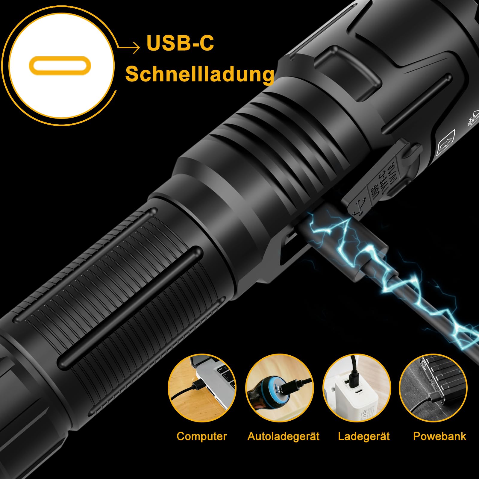 Torcia LED Potente Professionale, 1,000,000 Lumen Torcia LED Ricaricabile, Torce Potente Tattica, Torcia Professionale, Torch USB Zoomabile, Impermeabile XHQ99.2 Flashlight portatile