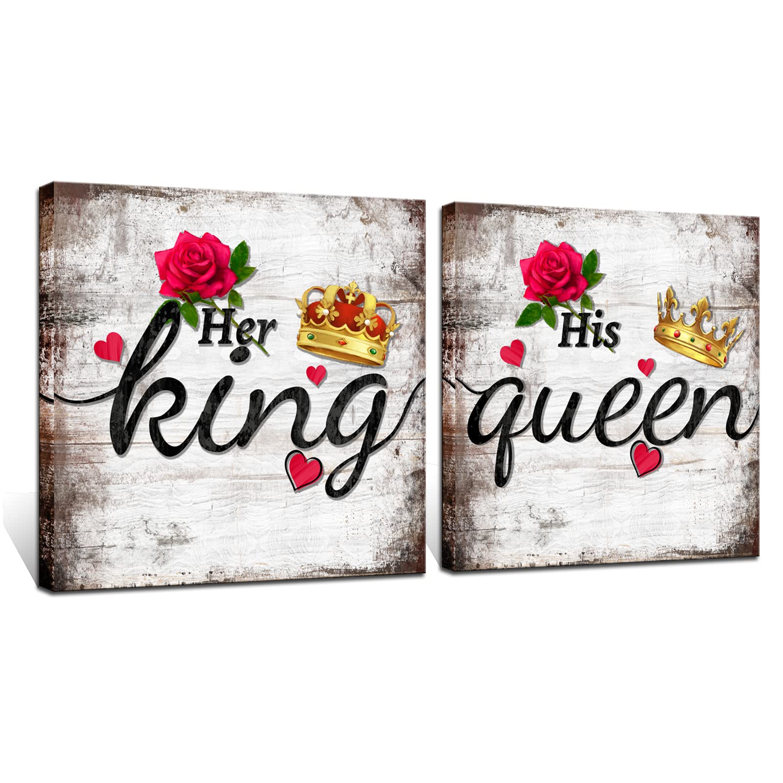 Biuteawal Romantic Bedroom Wall Art His Queen Her King Painting Motivational Phrases Print Poster Retro Crown and Rose Painting Canvas Framed Living Room Decor Couples Annivesary Wedding Gifts