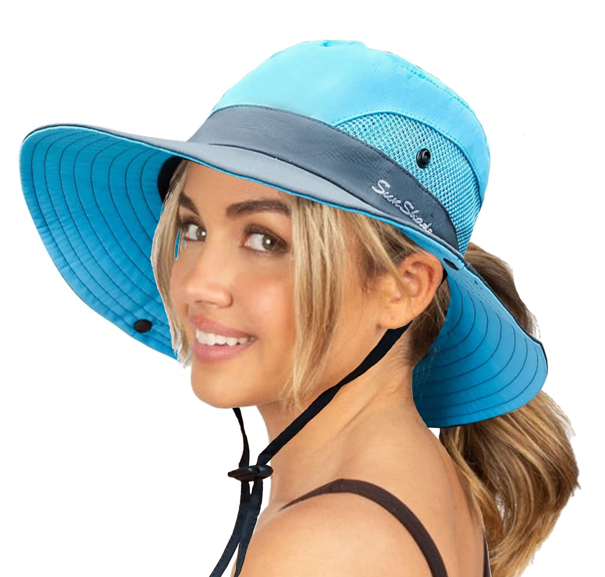 Womens Summer Sun-Hat Outdoor UV Protection Fishing Hat Wide Brim Foldable-Beach-Bucket-Hat with Ponytail-Hole