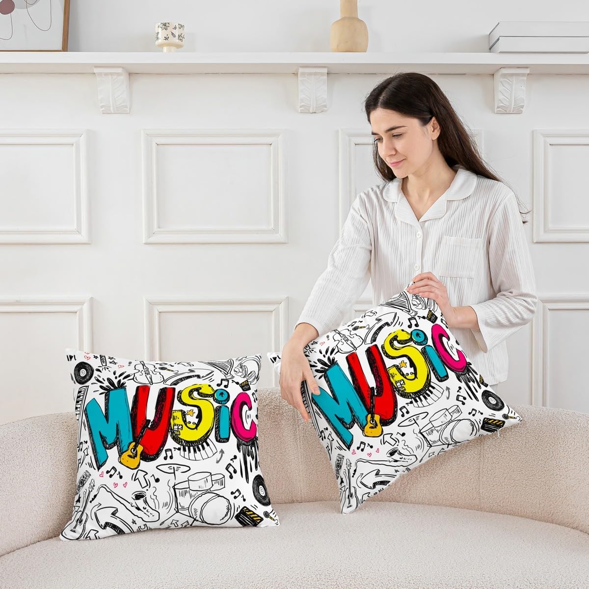Manfei Music Throw Pillow Covers Set of 2 Hip Hop Graffiti Cushion Covers for Couch Sofa Guitar Drum Set Sketch Decorative Pillowcases White Red Blue Soft Outdoor Pillows Covers,24"x24" image 3