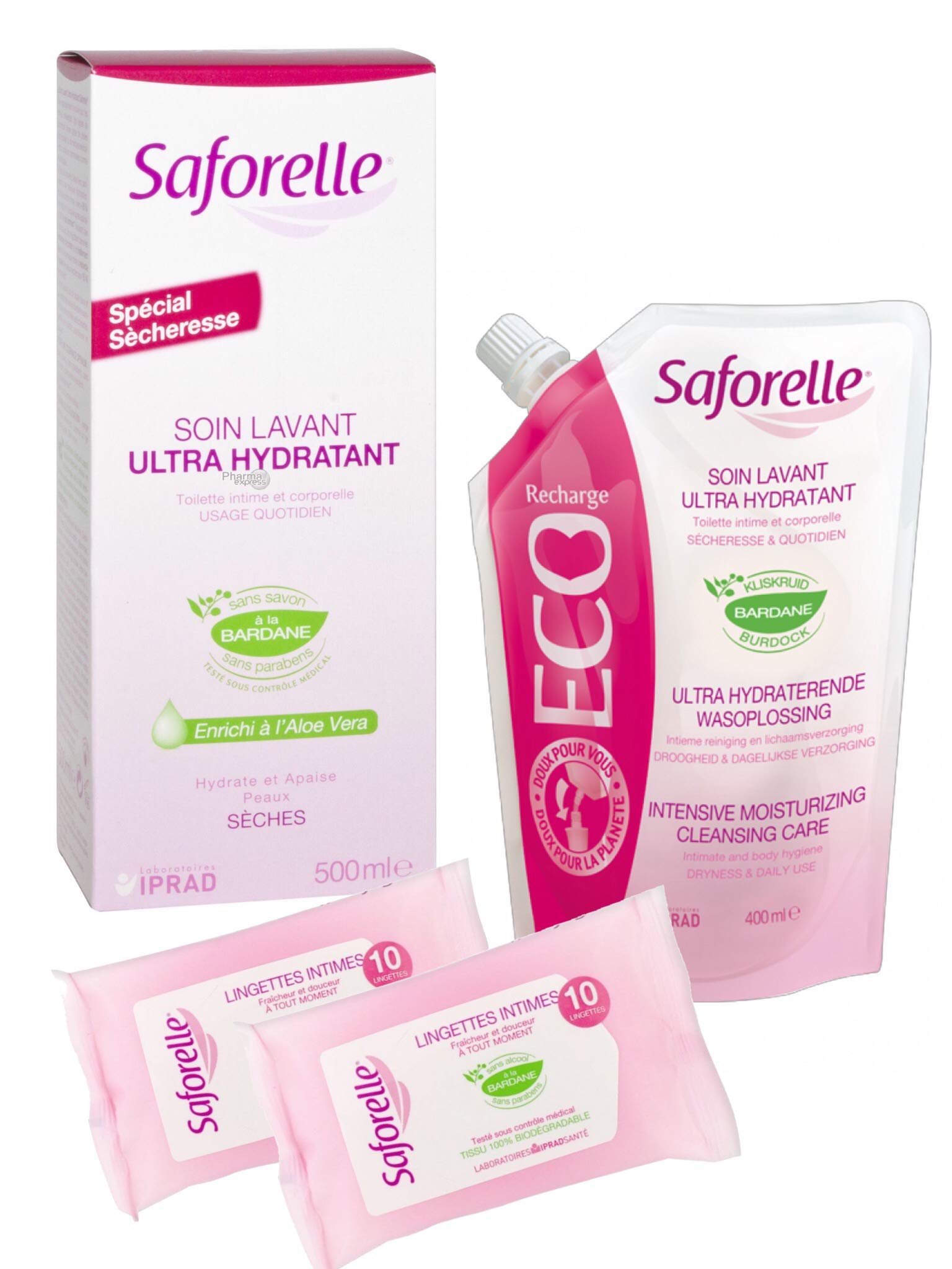 Soin Lavant Ultra Hydratant Saforelle - Hygiène intime et corporelle : Hydrate et Apaise les peaux sèches - Flacons de 500ml + ECOrecharge + 2 Paquets Lingettes