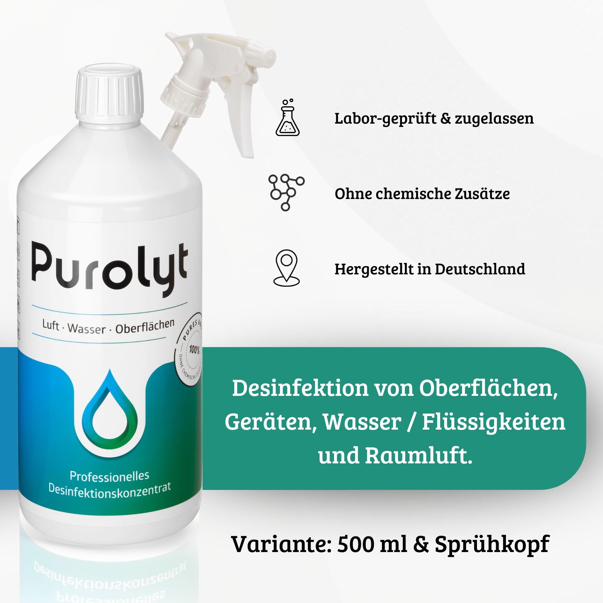 Purolyt Desinfektionskonzentrat 500ml + Sprühkopf HOCl Hydrokultur | Konzentrat + Sprühkopf-Aufsatz zur dosierten Entnahme. Bio-zertifiziert (EG) Nr. 834/2007. Vegan, alkoholfrei.