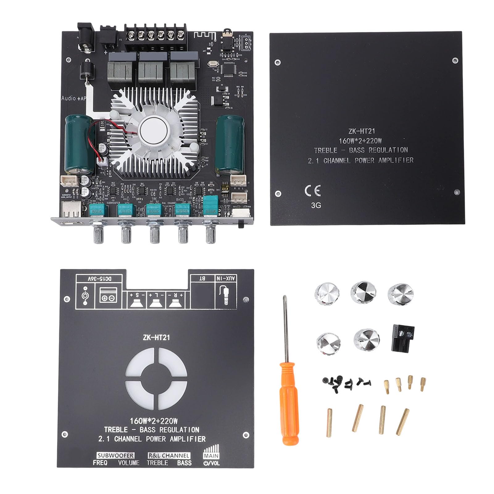 Módulo Amplificador Bluetooth Potente Amplificador de Potencia de Audio de 2.1 Canales para Entusiastas del Cine en Casa PCB de Cobre Tapa de 5 Perillas para de Sonido